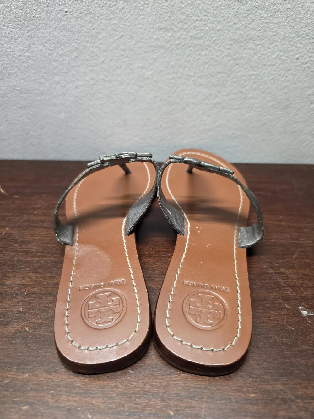 Tory Burch Miller Metallic Black Leather Thong Sandals